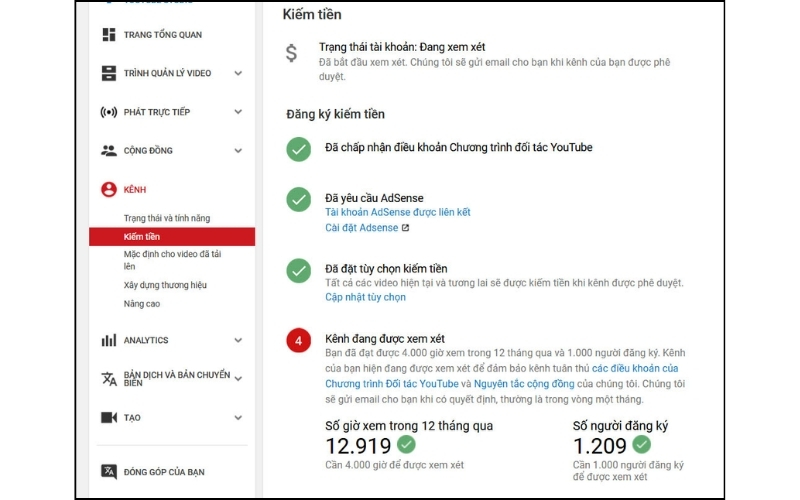 điều kiện bật chế độ kiếm tiền trên Youtube